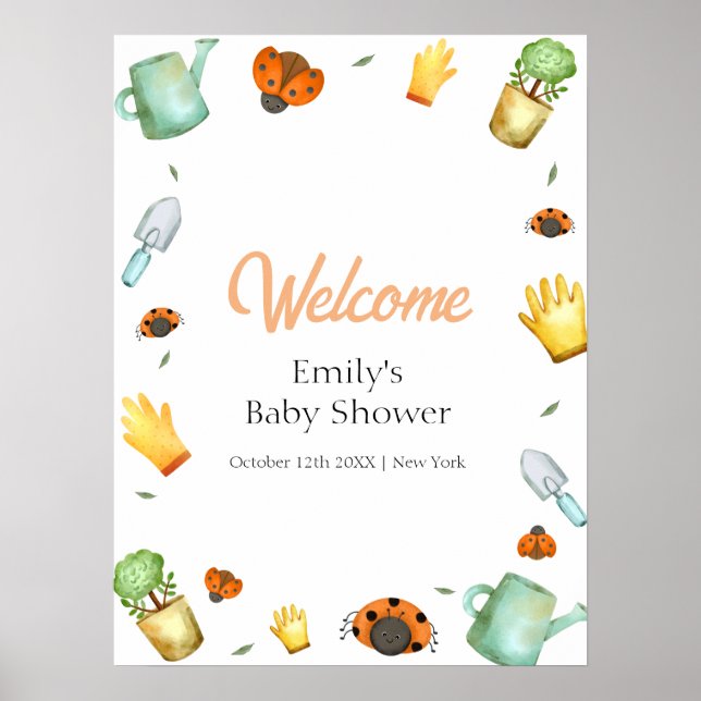 Greenery Ladybug Garden Baby Shower Welcome  Poster (Front)