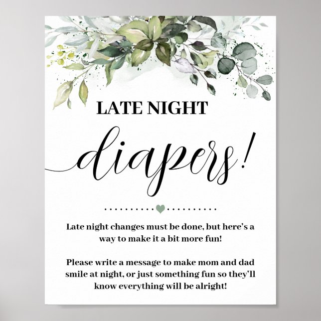 Greenery Late Night Diapers Baby Shower Game Sign (Front)