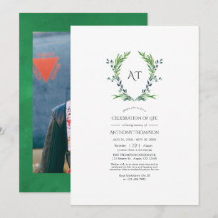 Greenery Laurel Crest Monogram Celebration of Life Invitation