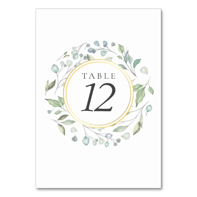 Greenery Laurel Garland Elegant Gold Table Number (Front)