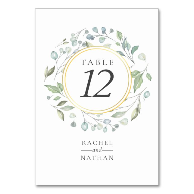 Greenery Laurel Garland Faux Gold Foil Wedding Table Number (Front)