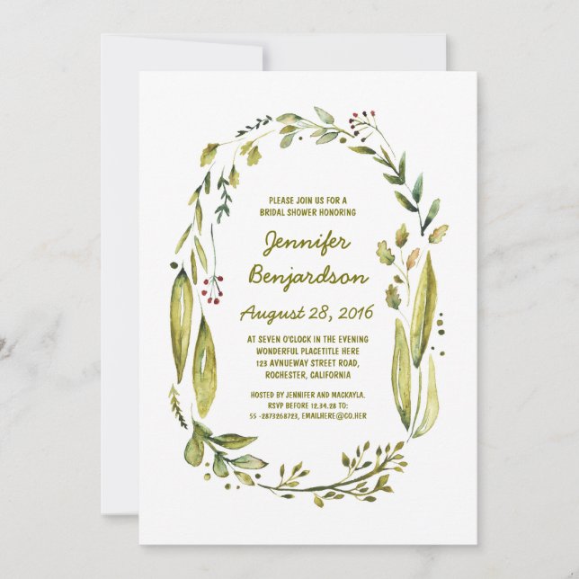 Greenery Laurel Watercolor Bridal Shower Invitation (Front)