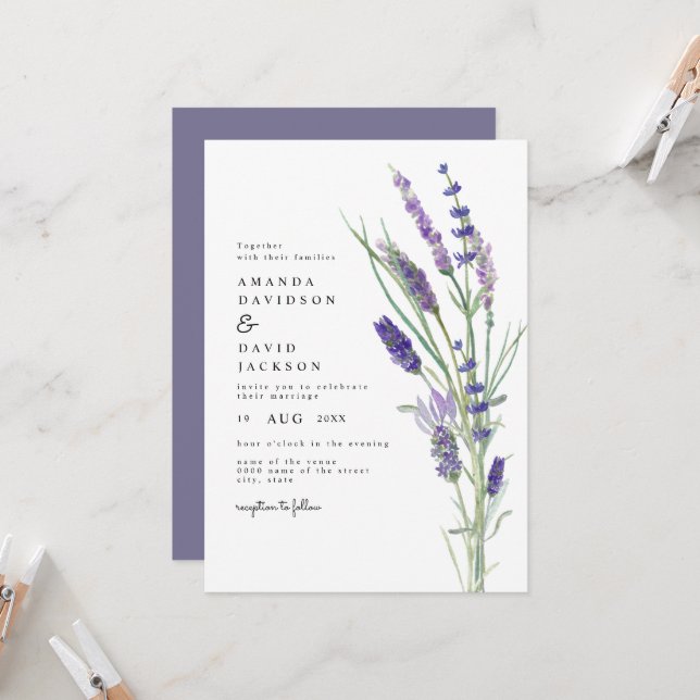 Greenery Lavender Lilac Purple Lila Garden Wedding Invitation (Front/Back In Situ)