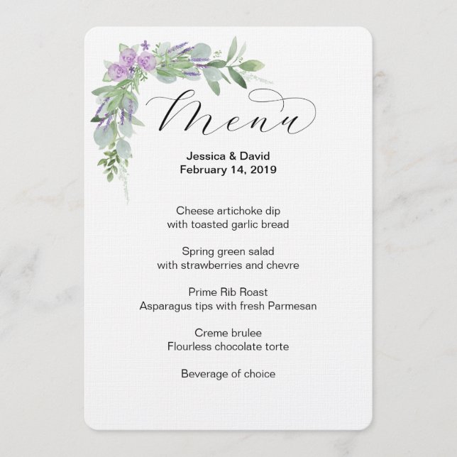 Greenery & Lavender Wedding Menu (Front)