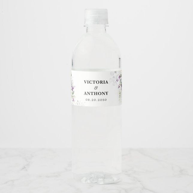 Greenery Lavender Wedding Water Bottle Label (Front)