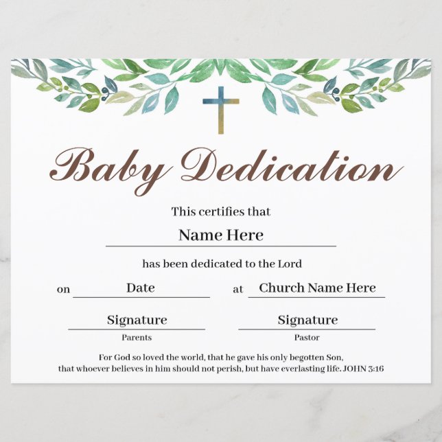 Greenery leaf Baby Dedication Certificate (Front)