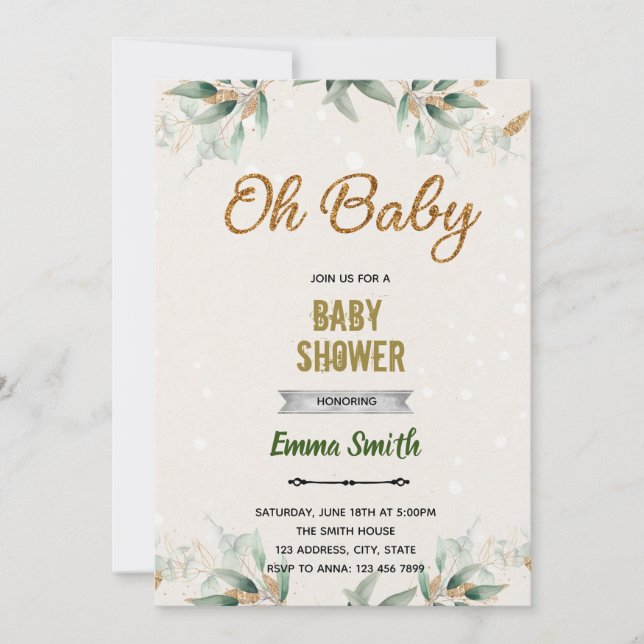 Greenery leaf baby shower theme invitation (Front)