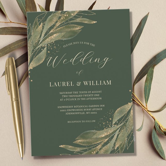 Greenery Leaf Green Gold Elegant Wedding Invitation (Creator Uploaded)