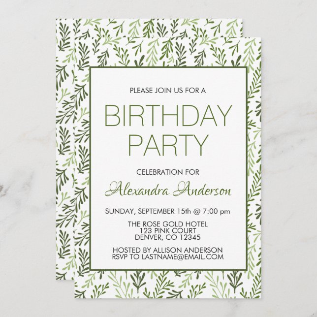 Greenery Leaf Pattern Elegant Birthday Party Invitation (Front/Back)