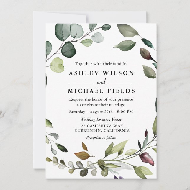 Greenery Leaf Wreath Watercolor Modern Wedding Invitation (Front)
