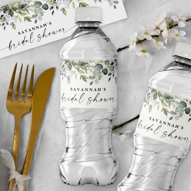Greenery Leafy Branch Modern Script Bridal Shower  Water Bottle Label (Creator Uploaded)