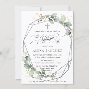 Greenery Leafy Foliage Baptism Silver Geometric Invitation