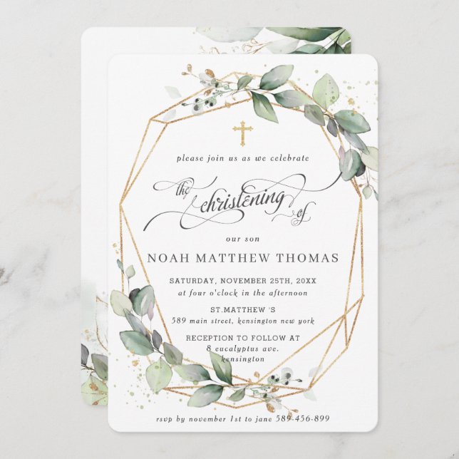 Greenery Leafy Foliage Christening Geometric Invitation (Front/Back)