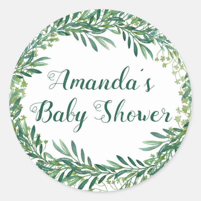 Greenery Leaves Baby Shower Classic Round Sticker (Front)