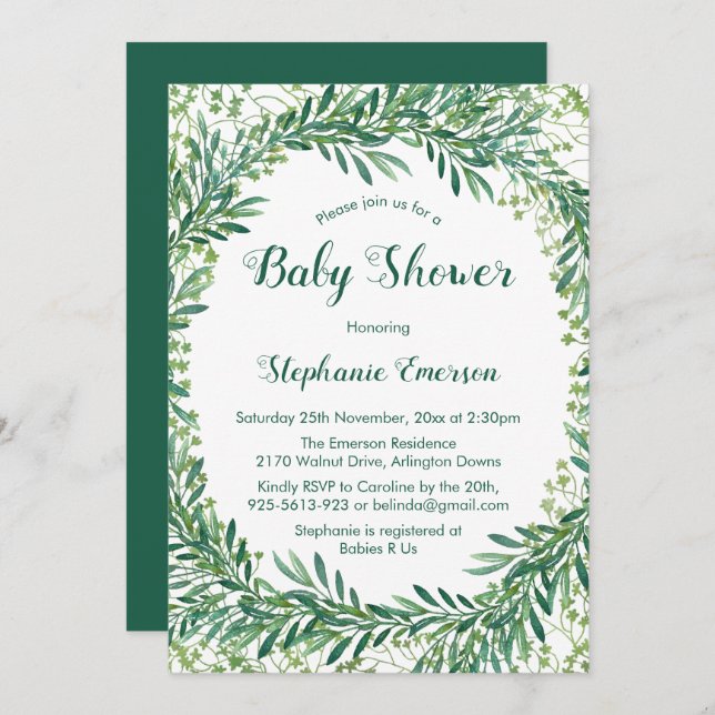 Greenery Leaves Baby Shower Invitations (Front/Back)