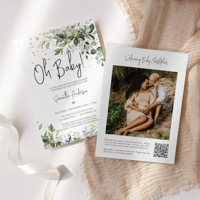 Greenery Leaves Baby Shower Registry QR Code Photo Invitation (Creator Uploaded)