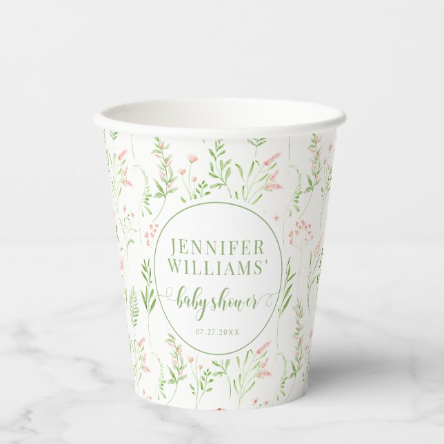 Greenery leaves Blush pink wildflowers baby shower Paper Cups (Front)