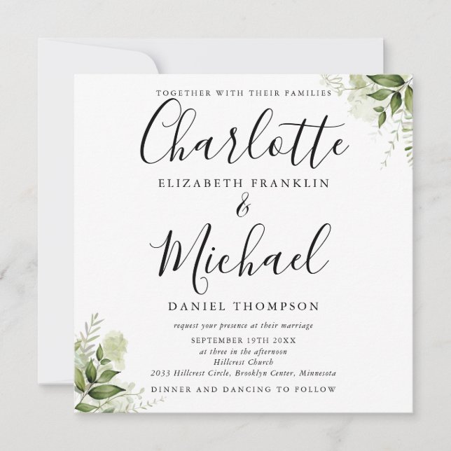 Greenery Leaves Botanical Elegant Script Wedding Invitation (Front)