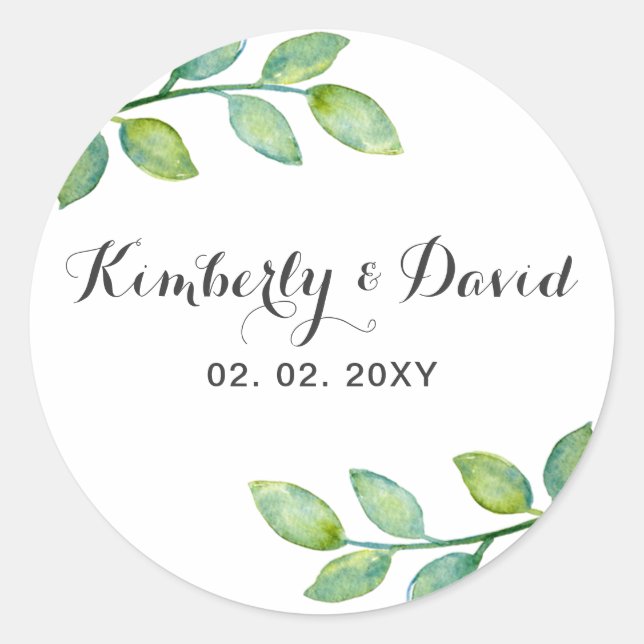 Greenery Leaves Botanical Wedding Classic Round Sticker (Front)