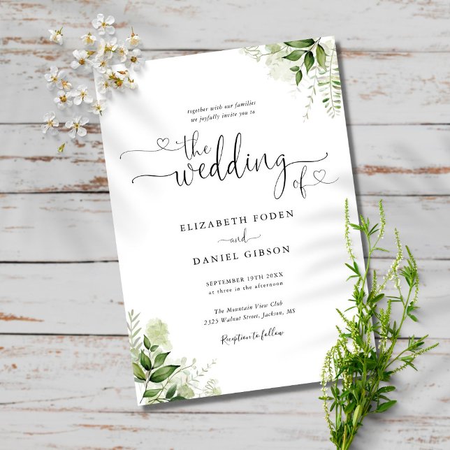 Greenery Leaves Chic Hearts Script Photo Wedding Invitation (Creator Uploaded)