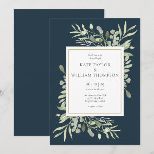 Greenery Leaves Deep Sea Blue Gold Wedding Invitation