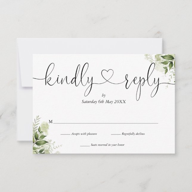 Greenery Leaves Elegant Script Heart Kindly Reply  RSVP Card (Front)