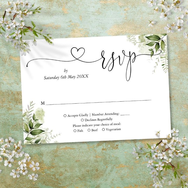 Greenery Leaves Elegant Script Heart RSVP Card (Greenery Leaves Elegant Script Heart RSVP Card)