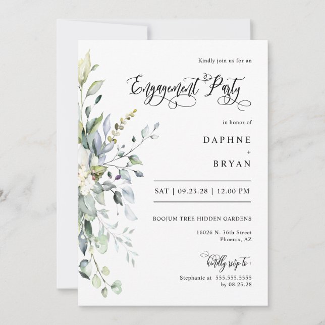 Greenery Leaves Engagement Party QR Code Photo Invitation (Front)