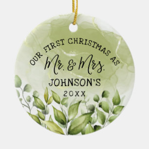 Greenery Leaves First Christmas as Mr. and Mrs. Ceramic Ornament