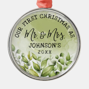 Greenery Leaves First Christmas as Mr. and Mrs. Metal Ornament