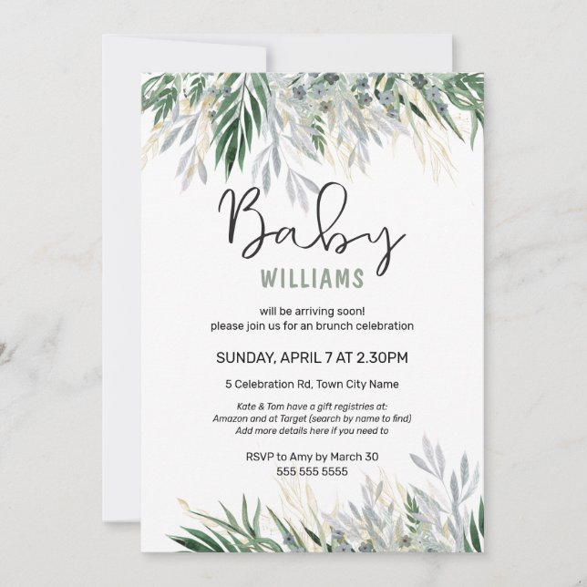 Greenery Leaves Foliage Baby Shower Invitation (Front)