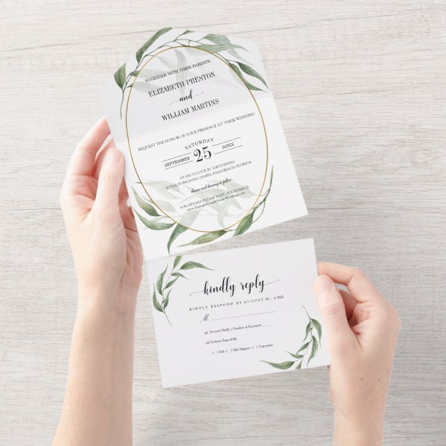 Greenery Leaves Geometric Frame Wedding with RSVP All In One Invitation (Tearaway)
