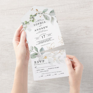 Greenery Leaves & Gold All in One Wedding Invite