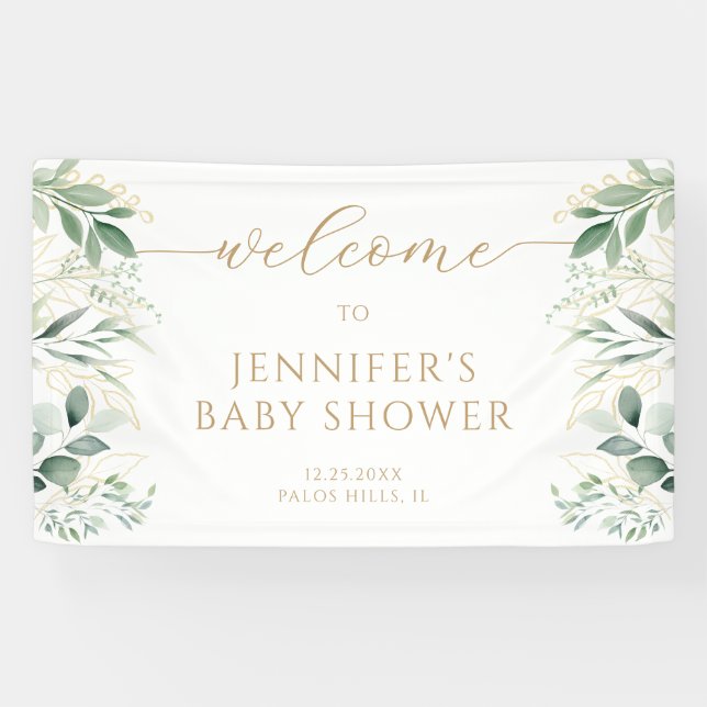 Greenery Leaves Gold Baby Shower Welcome Banner (Horizontal)