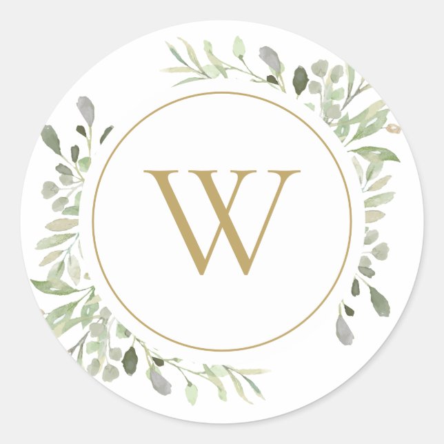 Greenery Leaves Gold Monogram Initial Classic Round Sticker (Front)
