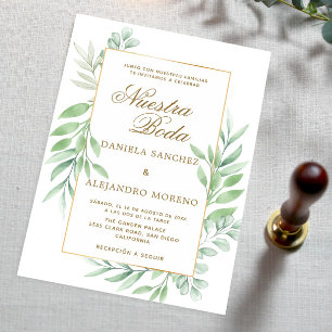 Greenery Leaves Gold Nuestra Boda Spanish Wedding Invitation