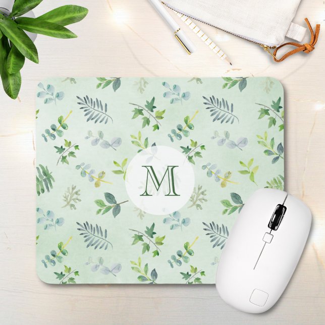 Greenery Leaves Monogram Personalised Mouse Pad (Creator Uploaded)