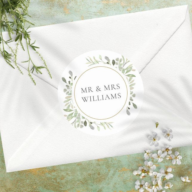 Greenery Leaves MR & MRS Wedding Favor Classic Round Sticker (Creator Uploaded)