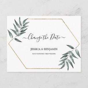 Greenery Leaves Postponed Script Change of Date Postcard