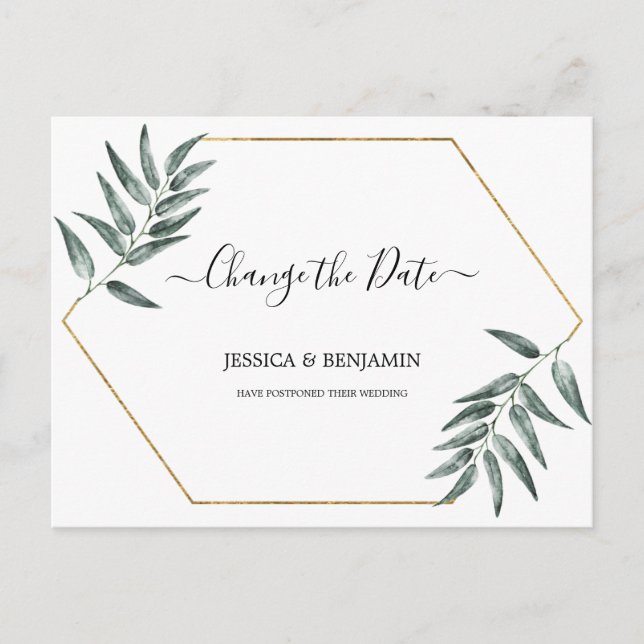 Greenery Leaves Postponed Script Change of Date Postcard (Front)