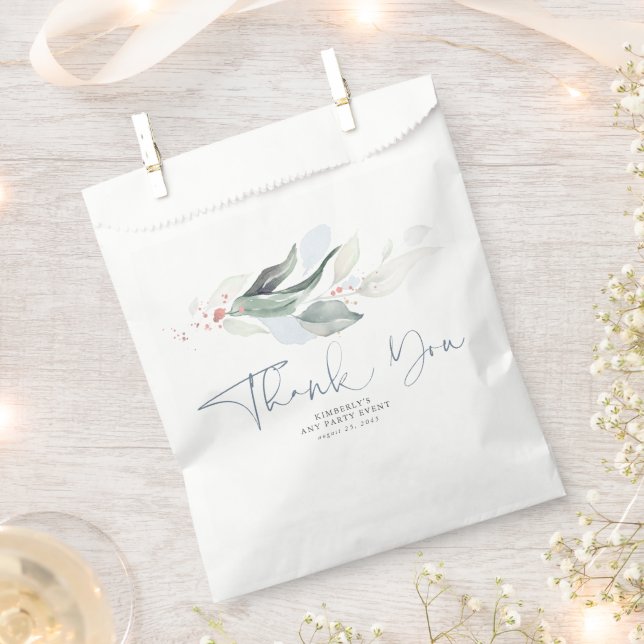 Greenery Leaves Rose Gold Dusty Blue Thank You Favour Bag (Clipped)