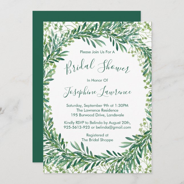 Greenery Leaves Watercolor Bridal Shower Invitation (Front/Back)