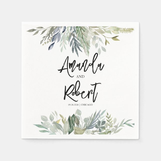  Greenery Leaves Watercolor Wedding Napkin (Front)