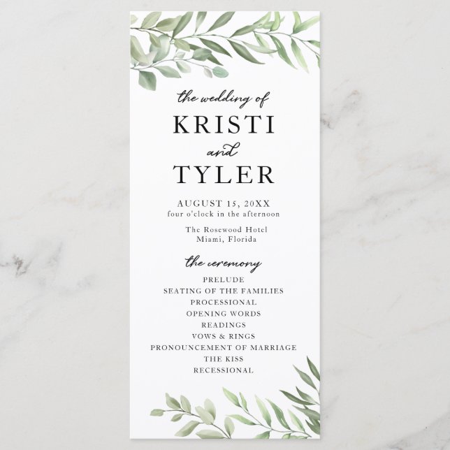Greenery Leaves Wedding Program (Front)