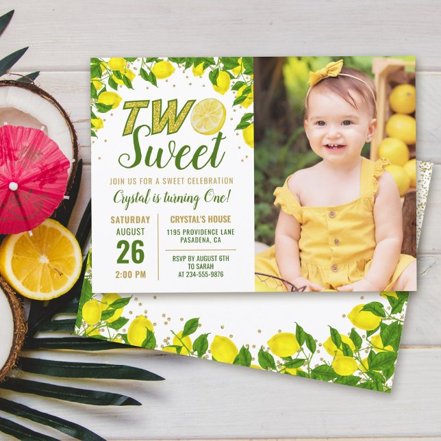 Greenery Lemon Two Sweet 2nd Birthday Photo Invitation (Creator Uploaded)