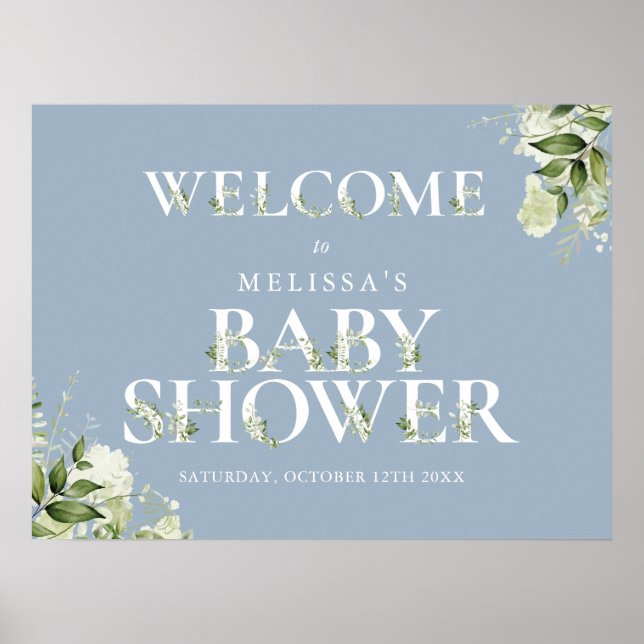 Greenery Letter Blue Baby Shower Welcome Sign (Front)