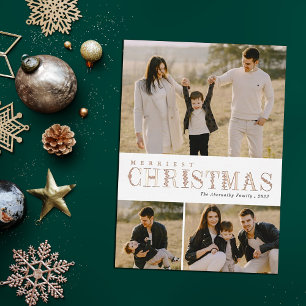 Greenery Letters 3 Photo Collage Christmas Foil Holiday Card