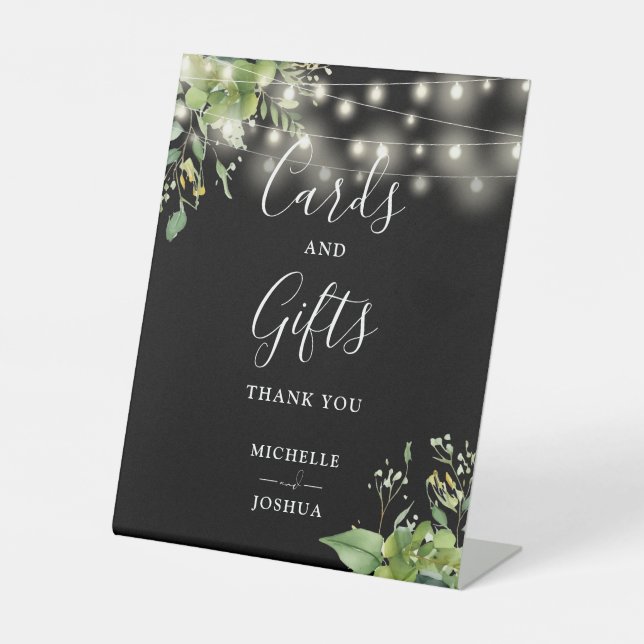 Greenery Lights Black And White Cards And Gifts Pedestal Sign (Front)