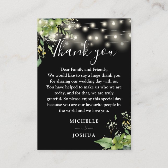 Greenery Lights Black And White Wedding Thank You Place Card (Front)