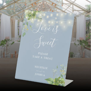 Greenery Lights Dusty Blue Love Is Sweet Favours Pedestal Sign
